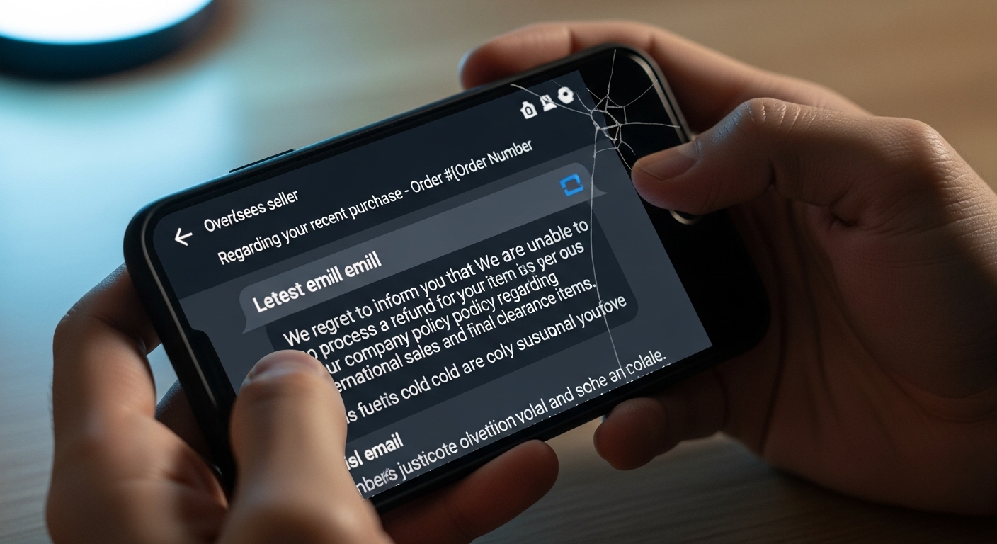 해외 판매자와 환불/반품 문제로 연락이 잘되지 않아 답답함을 느끼는 사람의 모습.