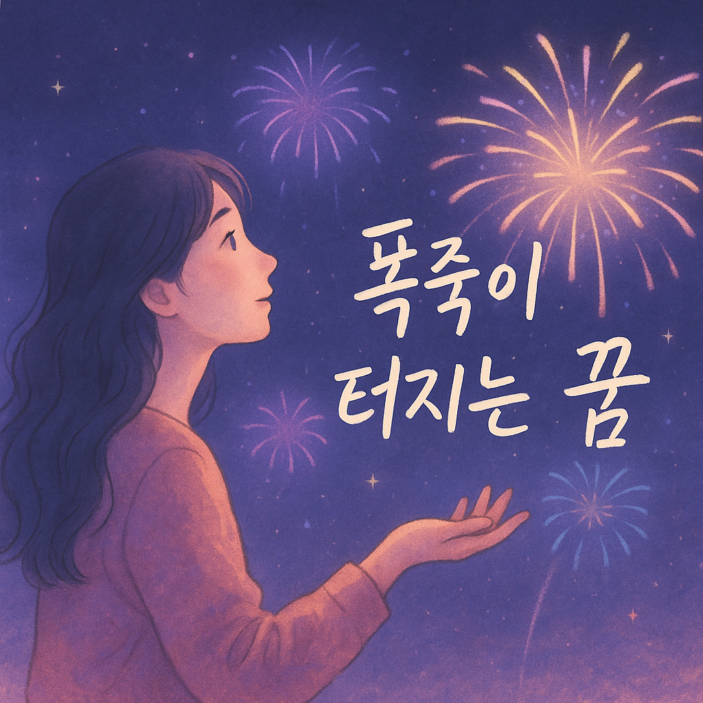 어두운 파스텔 밤하늘에 폭죽이 선명히 빛나는 장면, 여성이 올려다보며 ‘폭죽이 터지는 꿈’ 필기체 텍스트