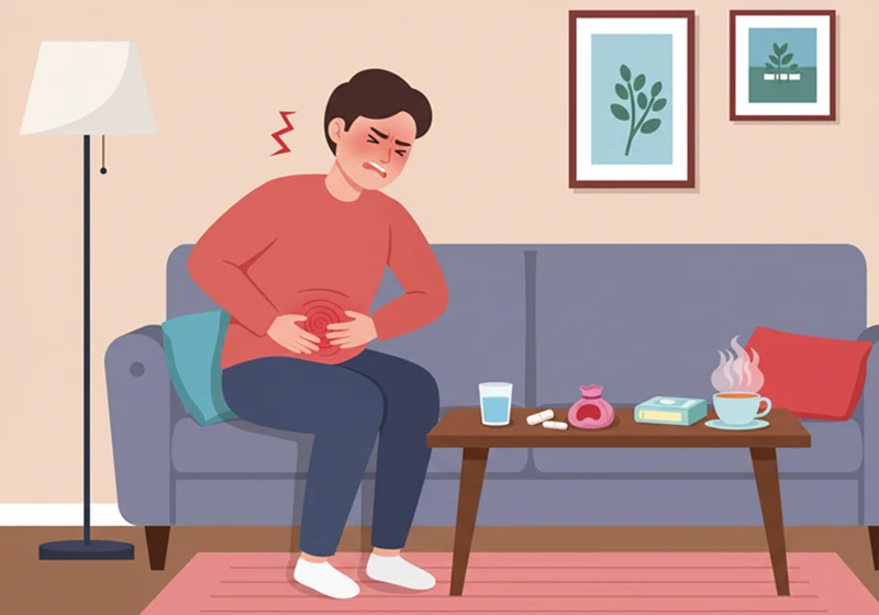 변비 소화불량 왼쪽 옆구리 통증 복부 불편함 소화제 찜질팩 플랫 디자인 거실