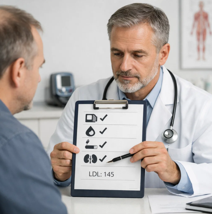 의사가 LDL 수치보다 혈압&middot;당뇨&middot;흡연 등 기저질환을 먼저 확인하는 진료 장면