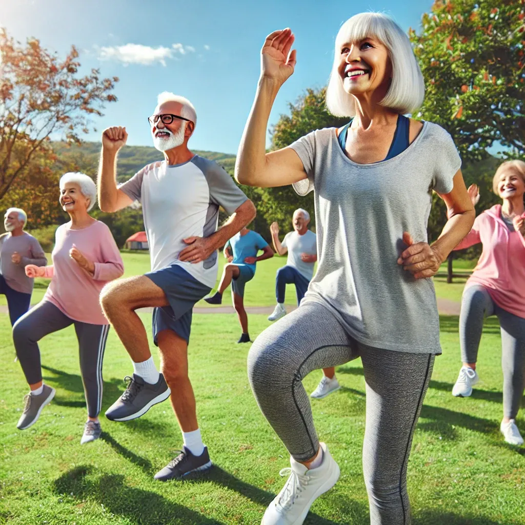 공원에서 유산소 운동을 하는 노인들