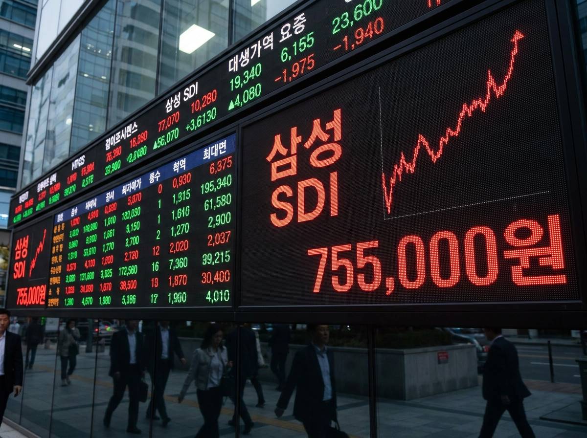 급상승하는 삼성SDI 주가 그래프와 755,000원 수치가 강조된 주식 시장 현황판