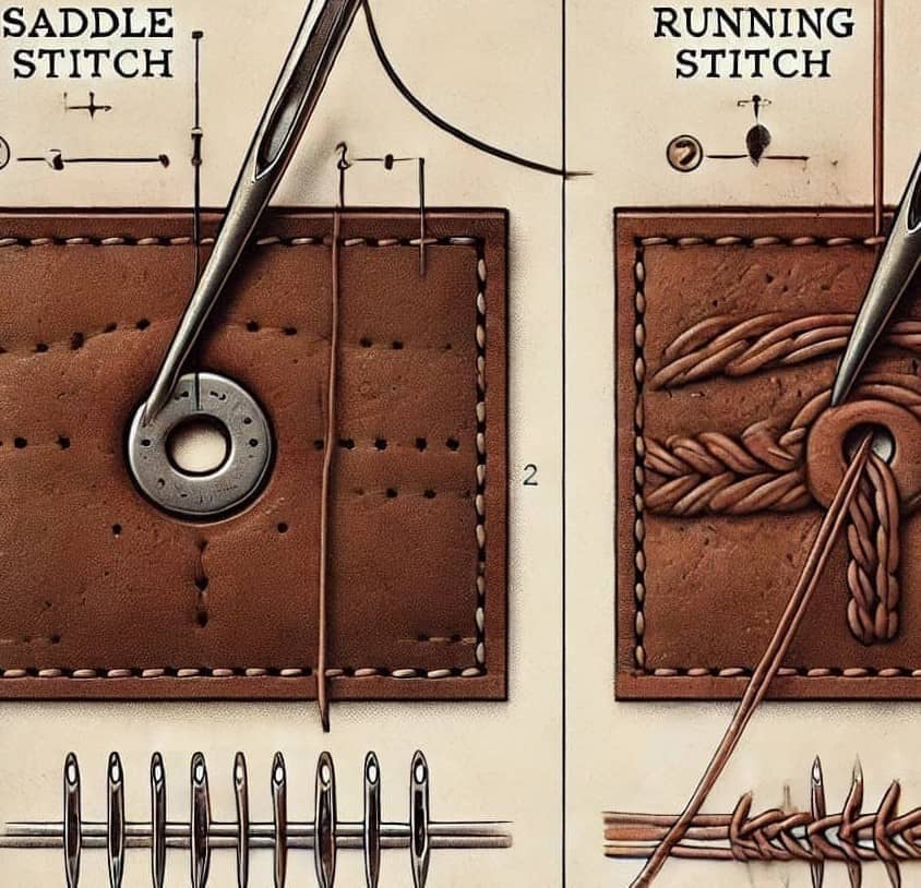 가죽 스티칭 기법중 새들 스티치 기법과 러닝 스티치 기법 비교