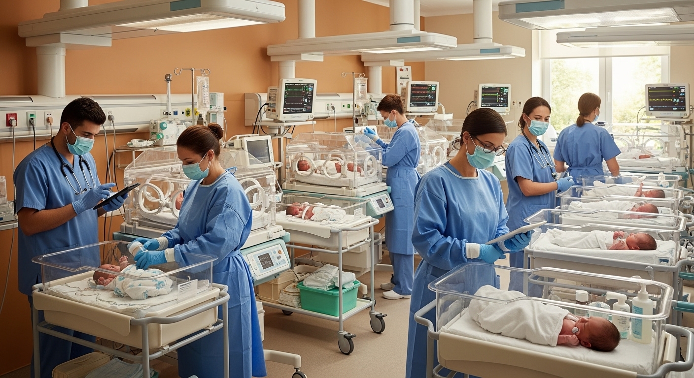 산후조리원 신생아실의 위생적인 환경과 아기 케어 전담 인력의 모습