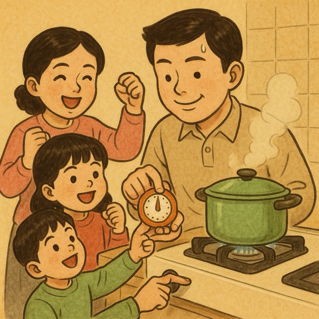 가스레인지 앞에서 타이머를 누르고 조리 중인 남성과 절약을 응원하는 가족이 함께 있다