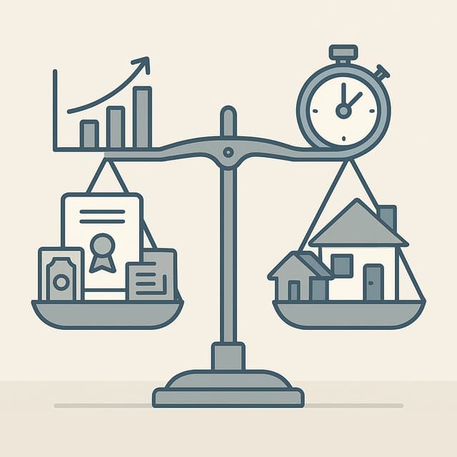 연금 증서와 채권, 배당 주식, 임대 집 아이콘이 저울 양쪽에 균형을 이루고 뒤편에는 그래프와 스톱워치가 보이는 정면 구도