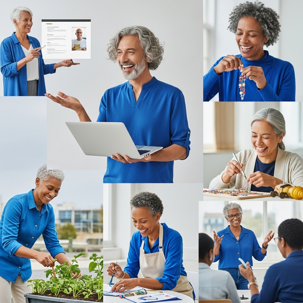 50대와 60대 시니어들이 노트북으로 온라인 강연을 하거나, 수공예품을 만들고, 멘토링을 하는 등 다양한 N잡 활동을 활기차게 즐기는 모습.