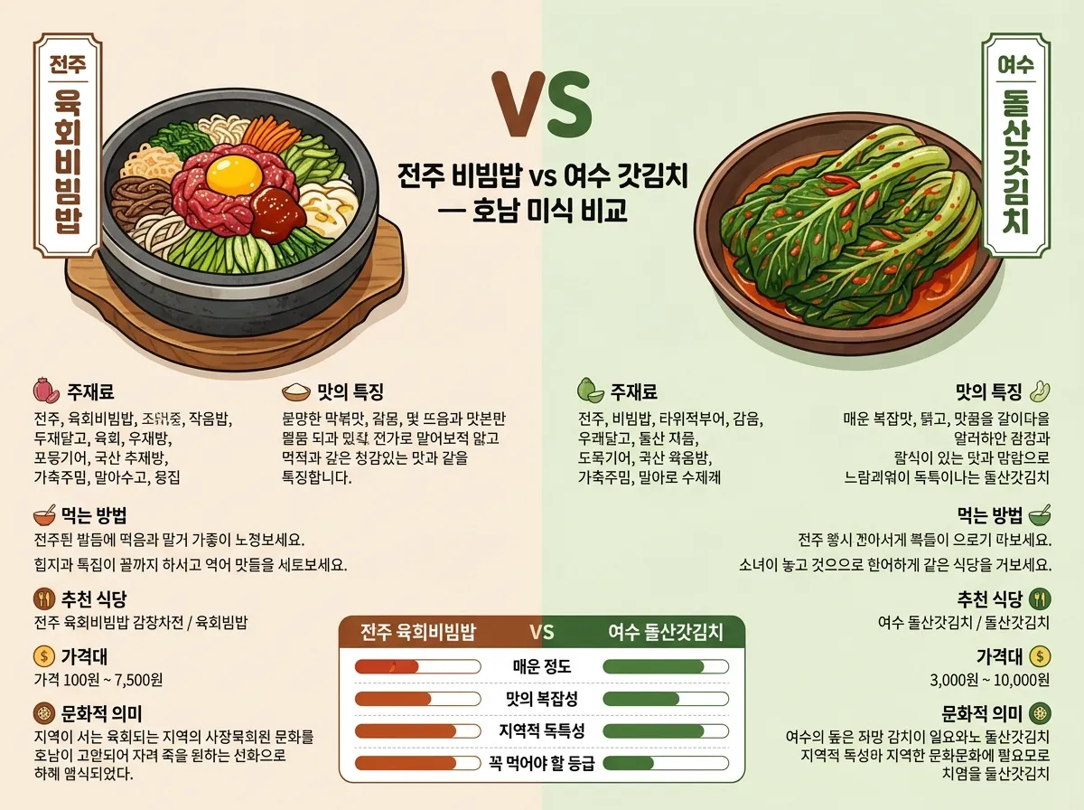 전주 육회비빔밥(왼쪽)과 여수 돌산갓김치(오른쪽) 음식 비교