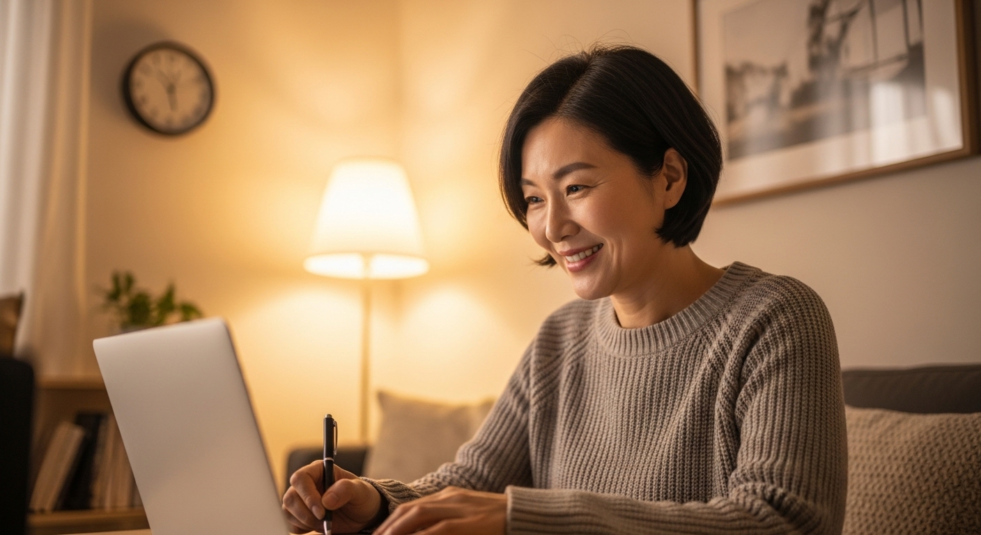 "블로그 작성 중인 50대 한국인 여성"