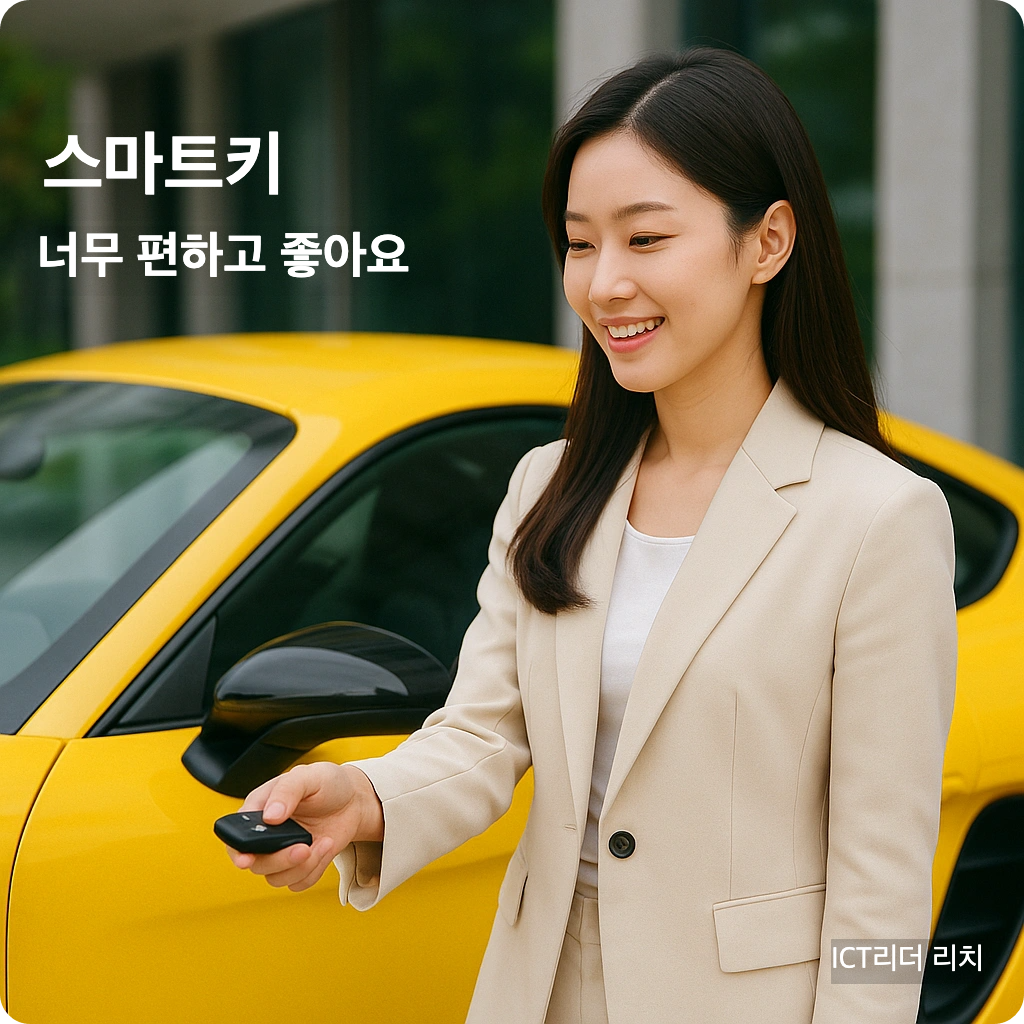 노란색 스포츠카 옆에서 스마트키를 원격 조작하는 여성
