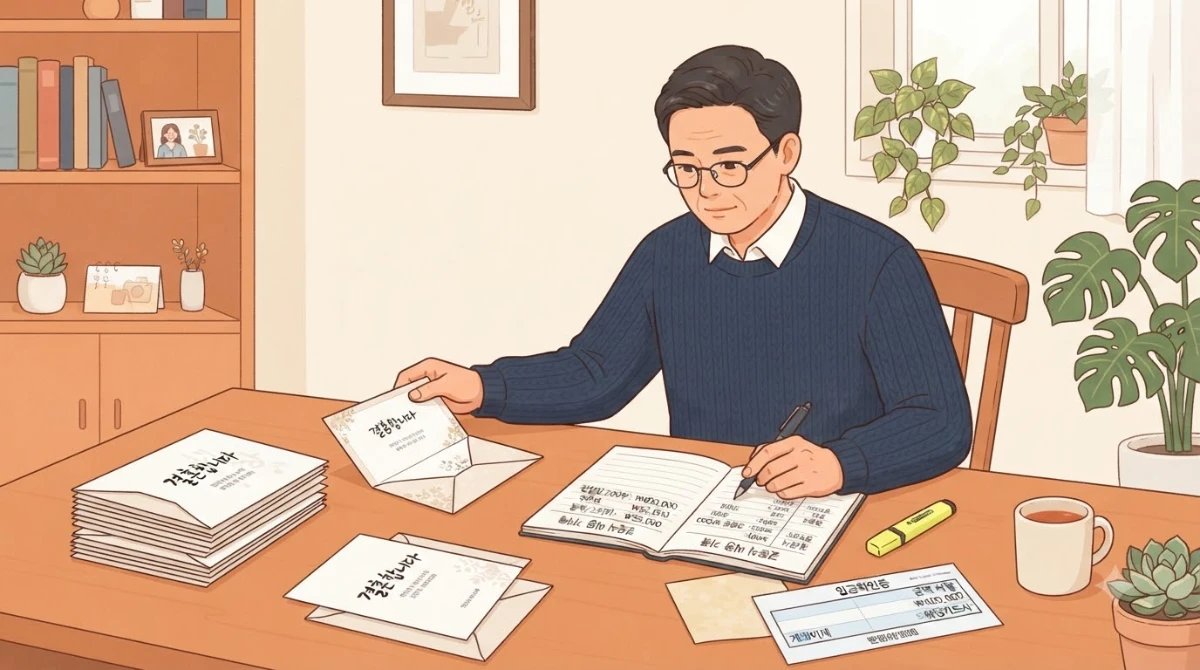 한국인 중년 남성이 사무실 책상에 앉아 스마트폰으로 모바일 청첩장을 캡처하고, 옆에 펼쳐진 수첩에 지출 내역을 기록하는 장면.