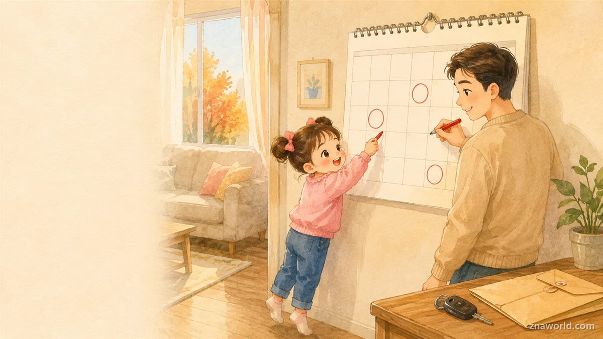 달력에 연휴 전 할 일을 표시하는 아빠와 아이