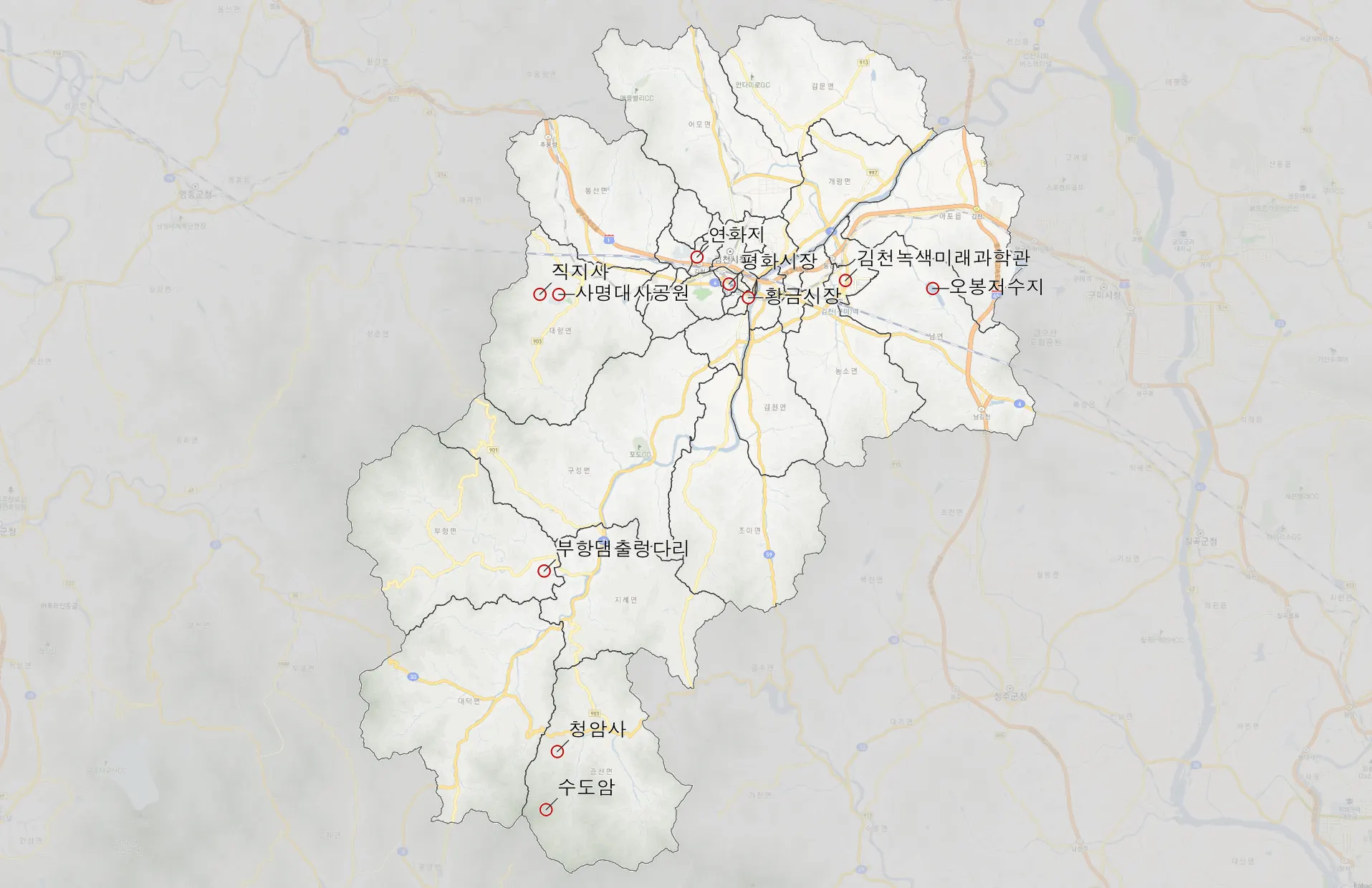 김천 가볼만한 10곳 위치도