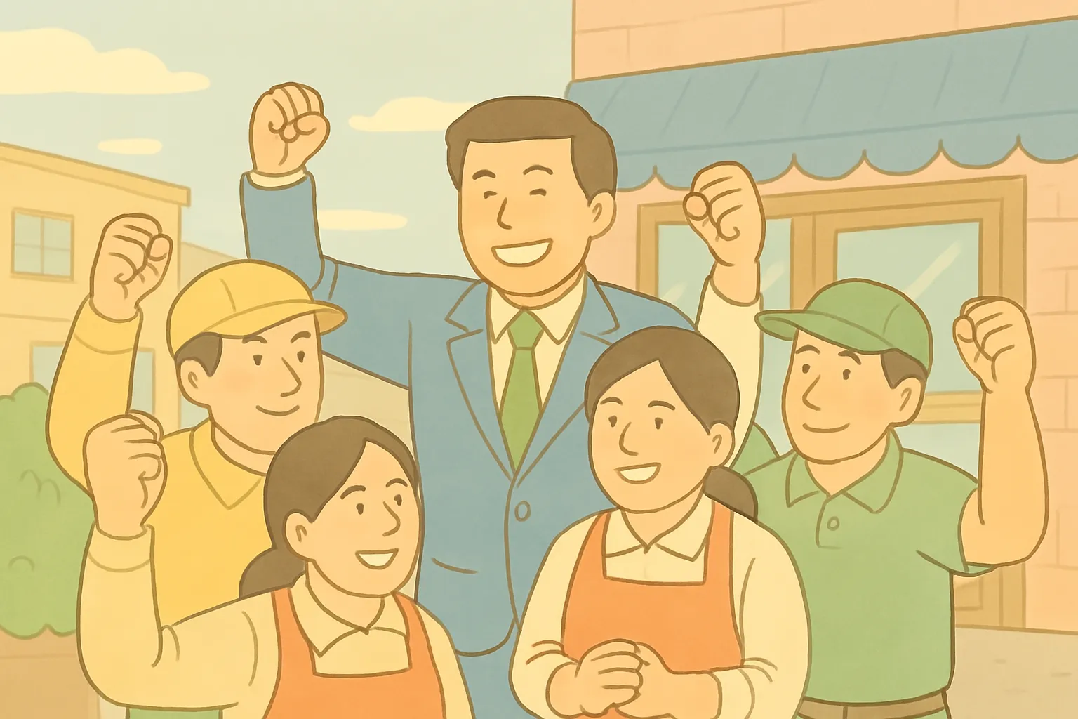 밝은 표정의 소상공인들이 서로 손을 잡고 화이팅을 외치는 모습