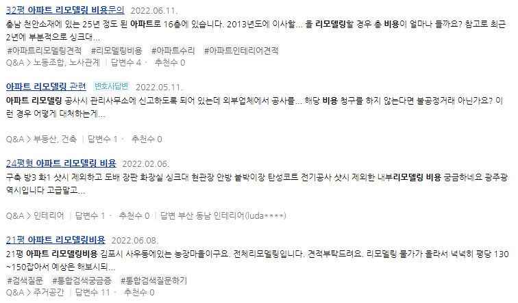 아파트리모델링비용 평수별 질문들이 상당히 많다.