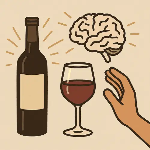술병과 와인잔, 뇌 아이콘, 손이 술을 향해 뻗는 모습이 음주와 뇌의 연관성을 상징하는 그림