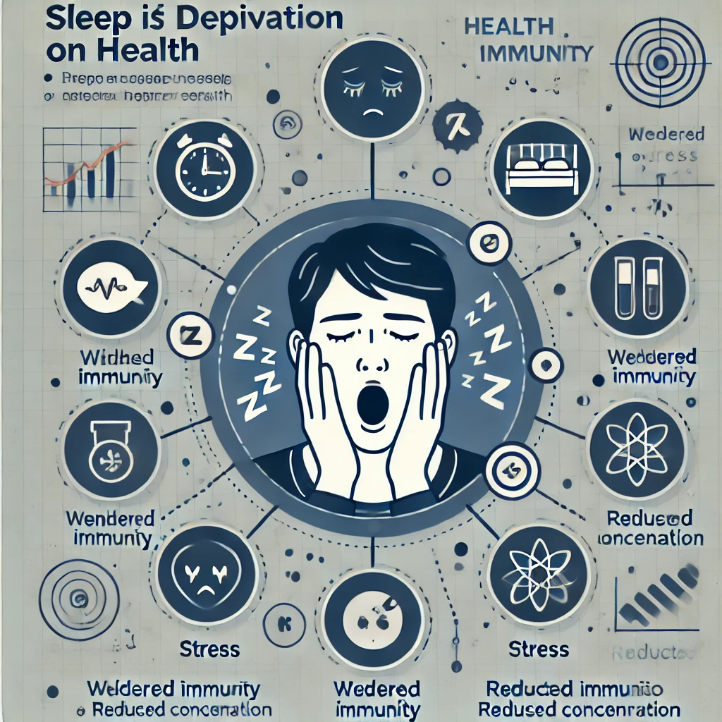 수면 부족으로 피곤한 사람과 건강 문제를 설명하는 인포그래픽