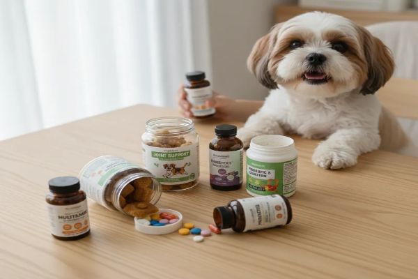 다양한 종류의 반려견 영양제들이 놓여있는 모습