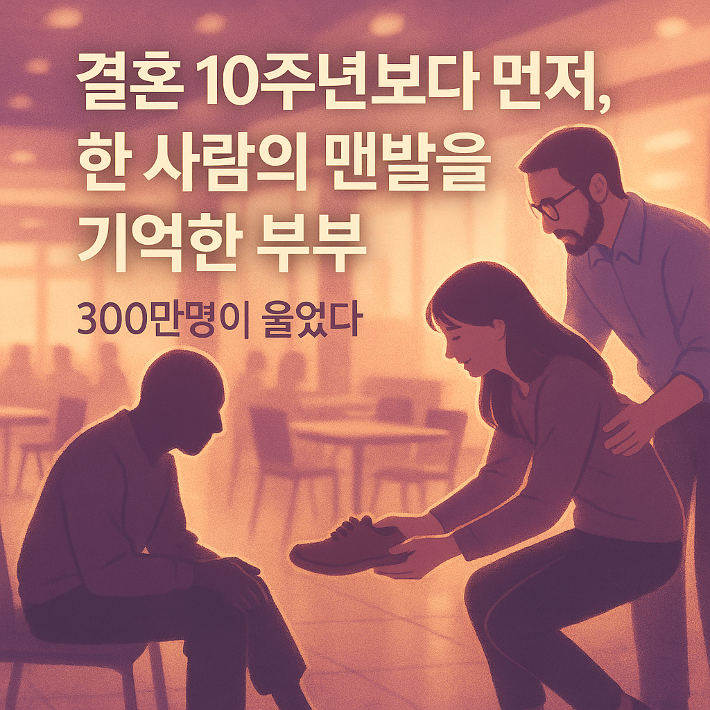 &ldquo;대형마트 실내에서 부부가 노숙인에게 신발을 건네는 따뜻한 장면을 상징적으로 표현한 이미지&rdquo;