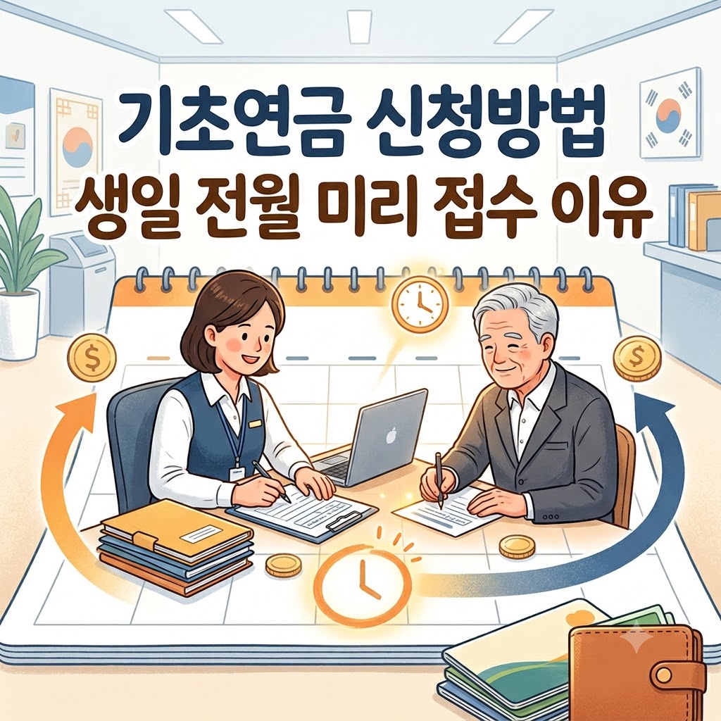 기초연금 신청 방법 및 생일 전월 미리 접수 이유를 설명하는 일러스트