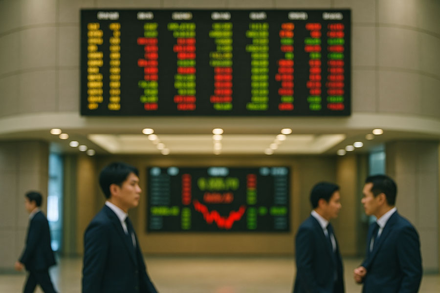 환율 상승으로 변동성이 커진 장을 보여주는 증권사 전경과 주식 시세 전광판 이미지