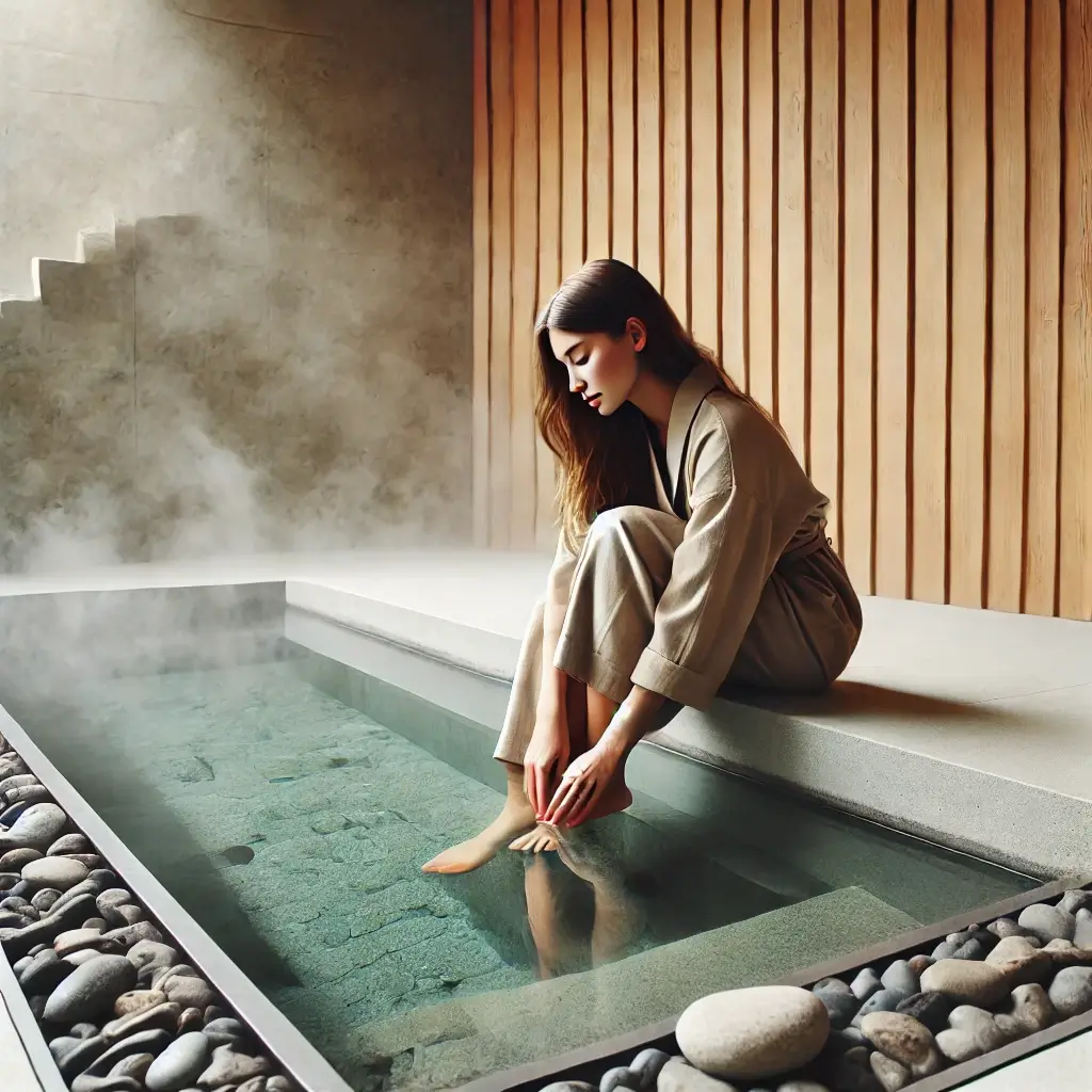 자연 속 온천에서 발을 담그고 있다. 부드러운 스팀과 평온한 분위기