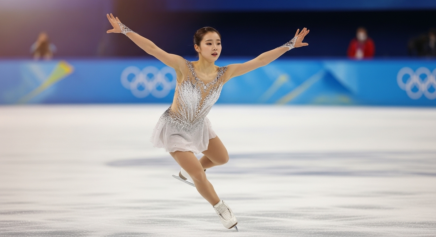 빙판 위에서 우아하게 점프하는 한국 피겨스케이팅 선수의 모습.