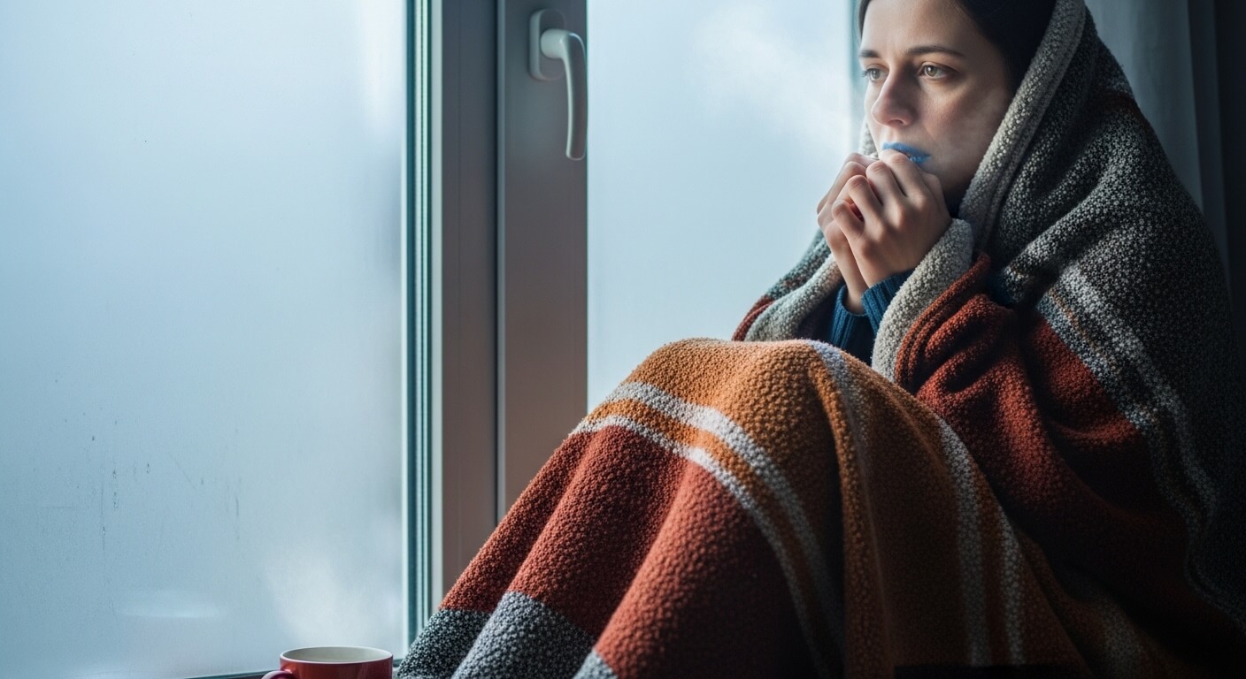 체온이 낮아 추위를 느끼며 손을 모으고 있는 사람의 모습