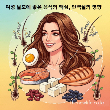 여성 탈모에 좋은 음식 중 단백질 식품의 중요성과 계란, 연어, 두부, 닭가슴살의 효능을 설명하는 이미지