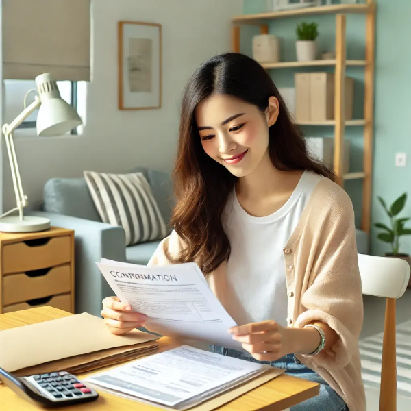 밝은 원룸 책상에서 주거지원 확정서를 확인하며 미소 짓는 동양인 여성의 초고해상도 사진