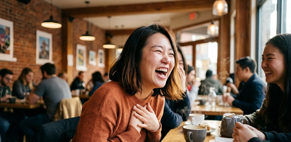 활기찬 카페 안에서 한 여성이 친구들과 대화하며 한 손을 가슴에 얹고 환하게 폭소를 터트리는 자연스러운 모습.