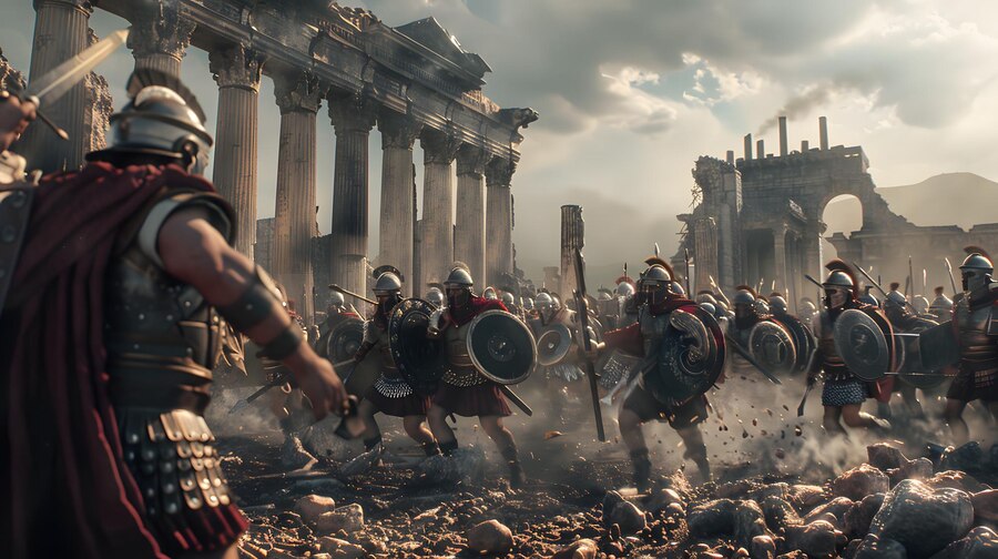 고대 그리스-트로이 전쟁을 상상적으로 재현한 장면. 금속 투구와 방패, 갑옷을 착용한 병사들이 붕괴된 고대 유적지에서 전투를 벌이고 있으며, 먼지와 돌무더기 속에서 혼돈스러운 전장이 펼쳐져 있다.