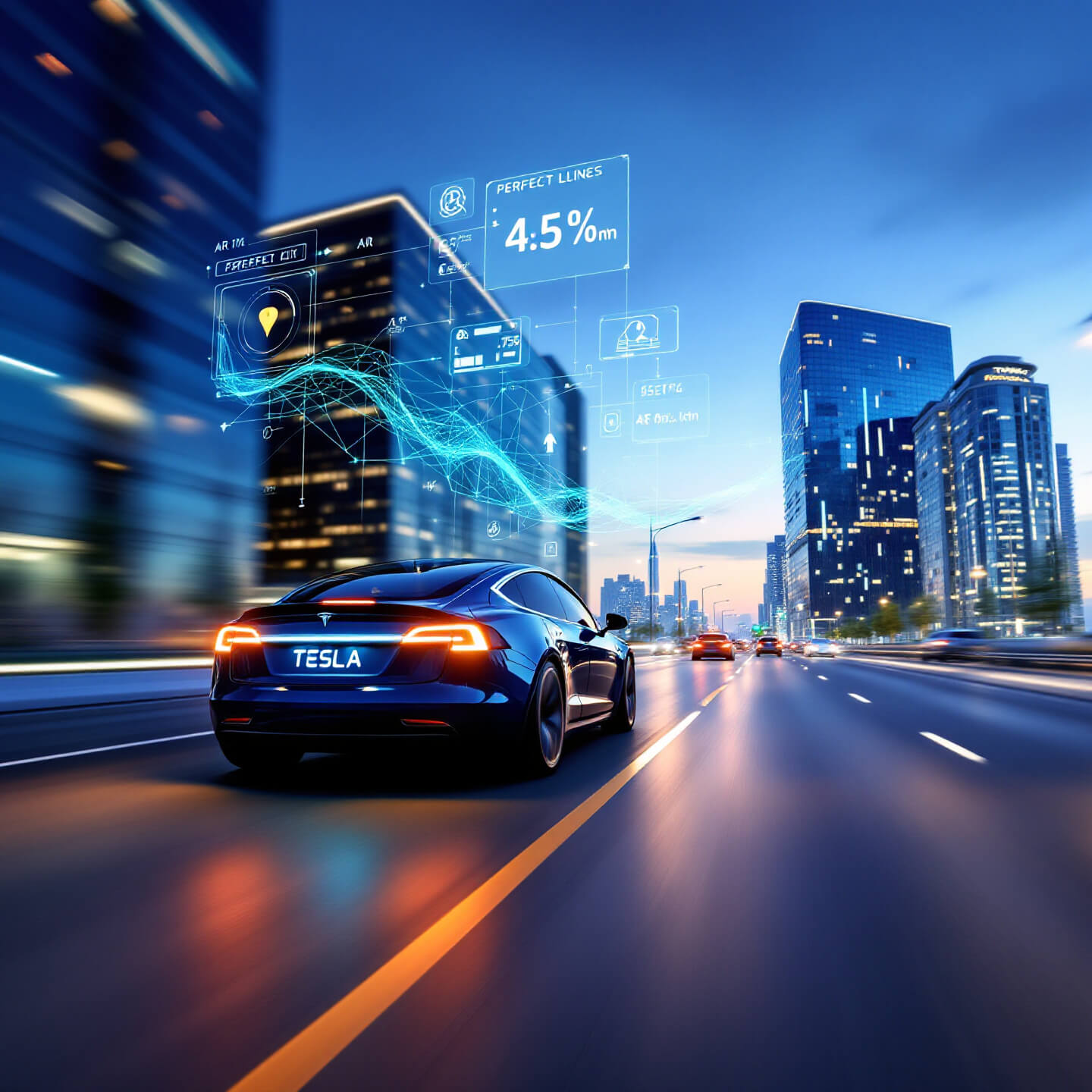 푸른빛이 강조된 도시 야경을 배경으로 고속도로를 주행하는 테슬라 전기차. 차량 위에 디지털 인터페이스와 그래프가 떠 있으며, 미래의 스마트 드라이빙을 상징적으로 표현함.