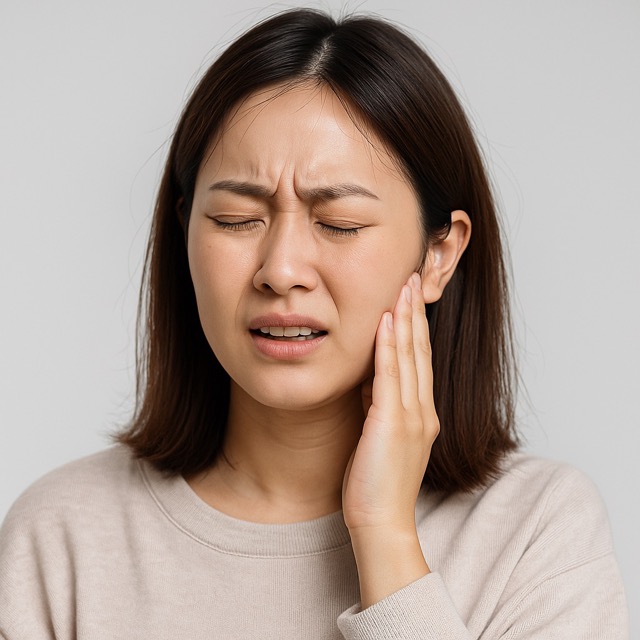 턱관절 통증으로 턱을 감싸며 불편한 표정을 짓고 있는 젊은 여성(출처: 자체제작)
