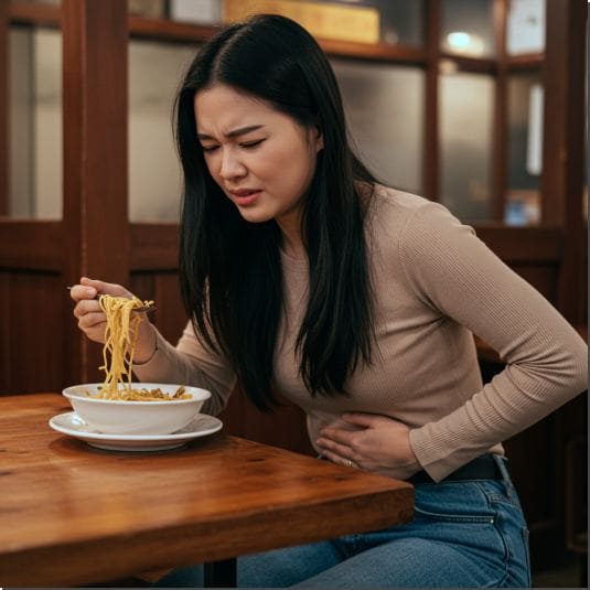 단미엑스혼합제 효능 소화기 건강, 식사중 배아픈 여성 사진