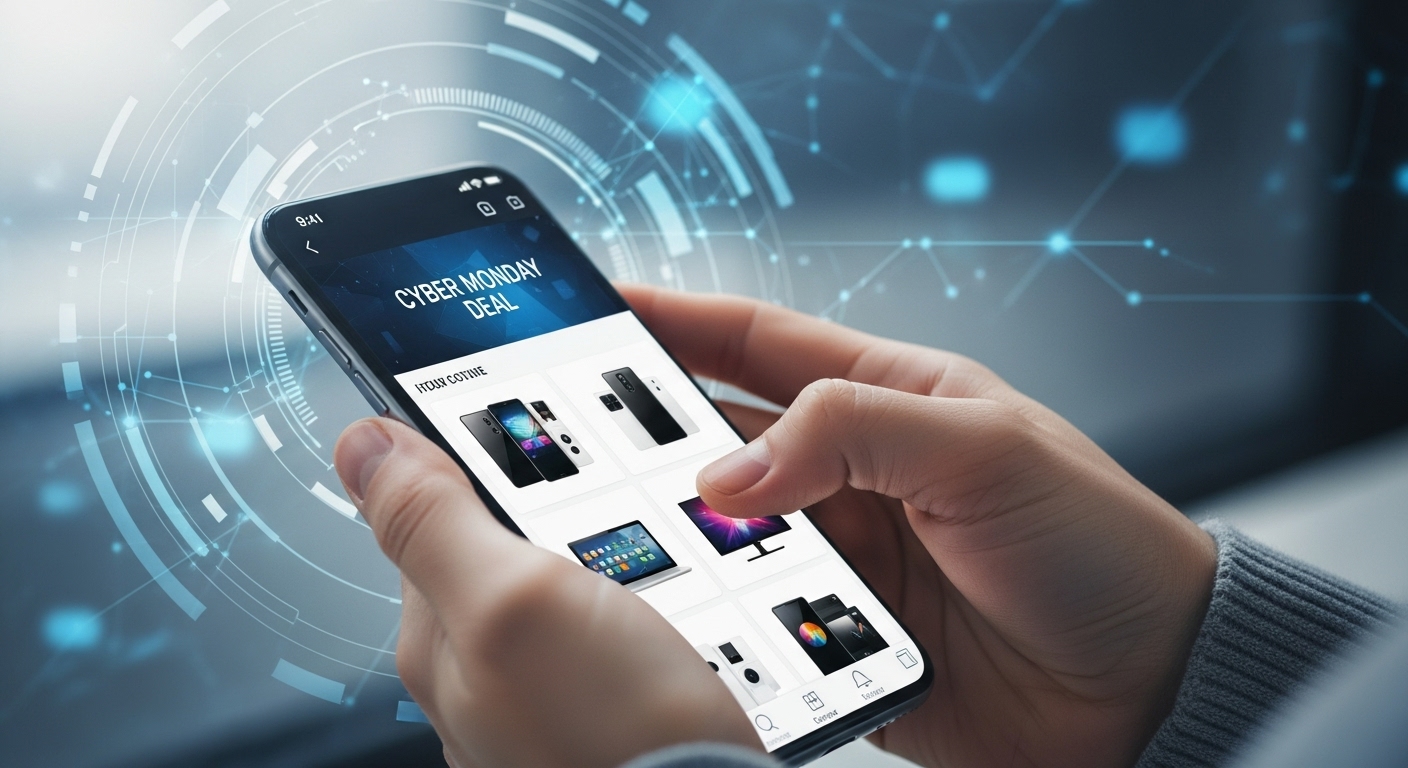 사이버 먼데이 할인 제품이 가득한 온라인 쇼핑 앱을 스마트폰으로 스크롤하는 손. 최신 전자제품과 IT 기기가 화면에 보이며, 모바일 쇼핑의 편리함을 강조합니다.
