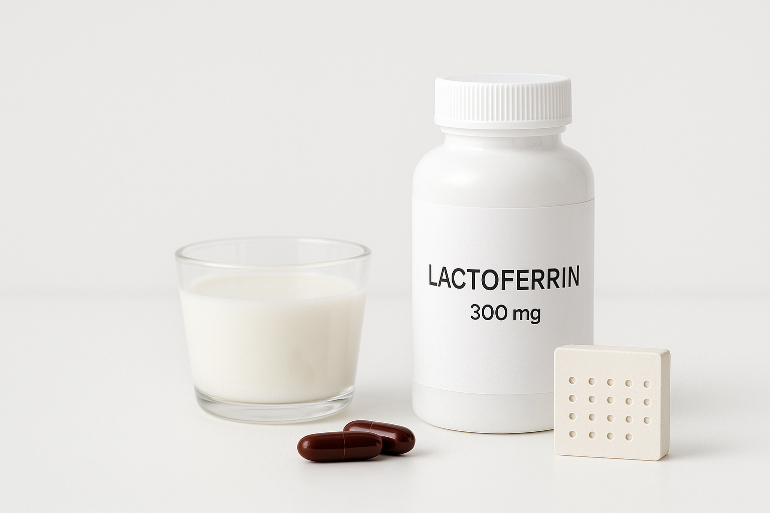 락토페린 300mg 보충제와 우유 컵, 분리 복용을 떠올리게 하는 미니 캘린더와 캡슐 구성