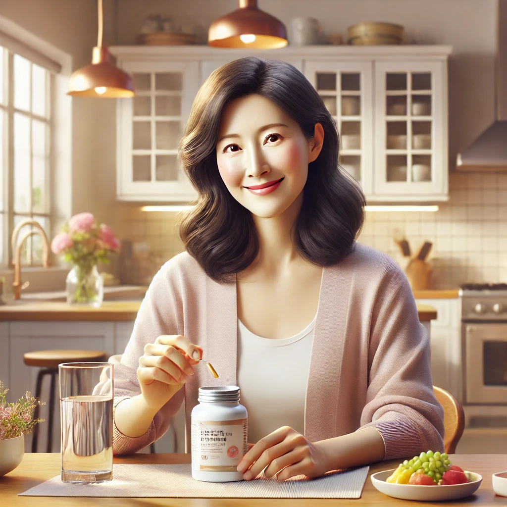 영양제를 들고 있는 갱년기 여성