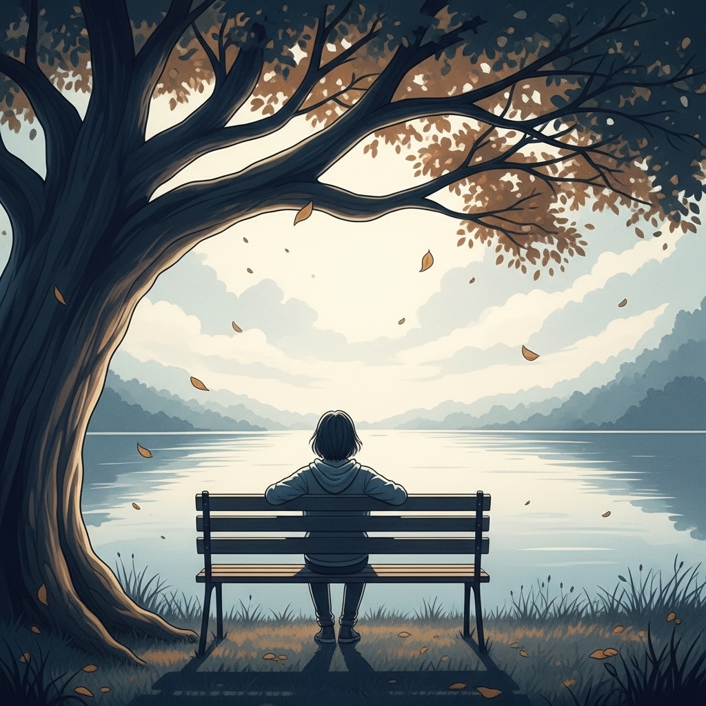 공원 벤치에 앉아 호수를 바라보며 사색에 잠긴 사람의 모습. 관계 후 회복과 성찰의 시간을 상징합니다.