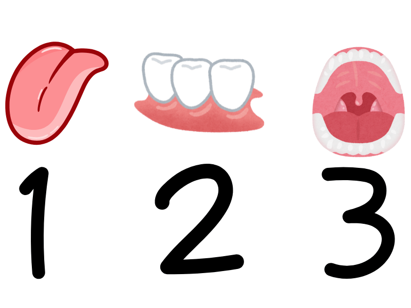 혀, 잇몸 라인, 편도 주변 순서로 구강세정하는 편도결석 재발 관리 루틴 설명 이미지