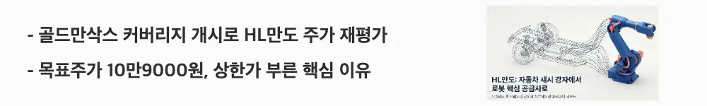 HL만도 주가 전망: &rsquo;골드만삭스 커버리지 개시로 HL만도 주가 재평가', '목표주가 10만9000원, 상한가 부른 핵심 이유'라는 문구가 포함된 웹배너 이미지. 이 이미지는 골드만삭스 리포트가 HL만도 상한가를 이끈 배경과 목표주가를 시각적으로 전달하며, 블로그의 HL만도 주가 전망 분석과 관련된 내용을 설명함