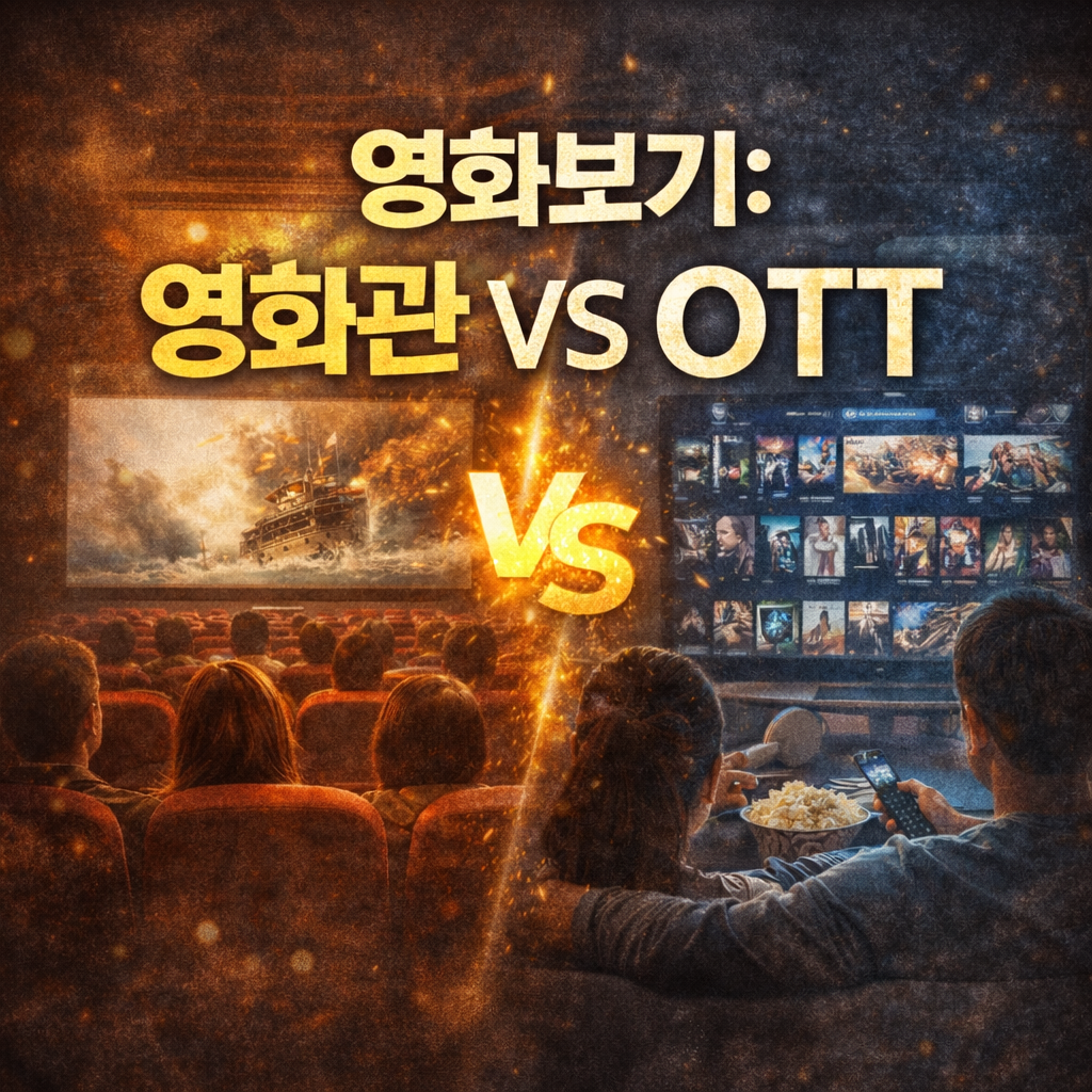 영화보기: 영화관 vs OTT라는 제목으로 영화관과 집안의 이미지가 대조적으로 표현된 이미지