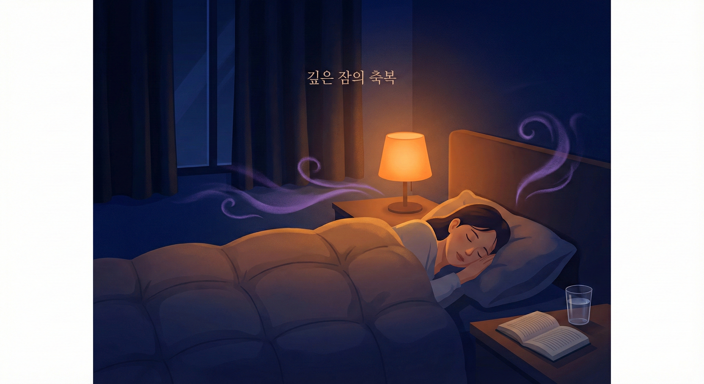 푸른 빛의 방해 없이, 따뜻하고 평온한 어둠 속에서 숙면을 취하는 이상적인 침실 환경이미지