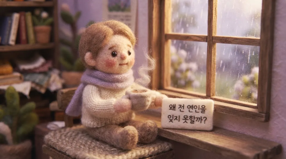 차분한 보랏빛 분위기 속에서 창밖을 바라보며 마음을 정리하는 사람의 일러스트