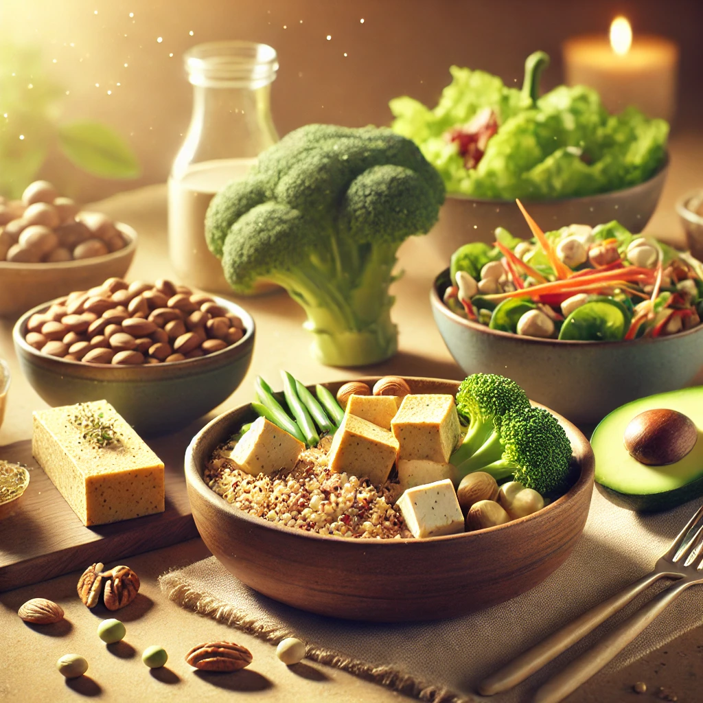 식물성 단백질로 구성된 건강한 식단이 차려진 식탁 모습