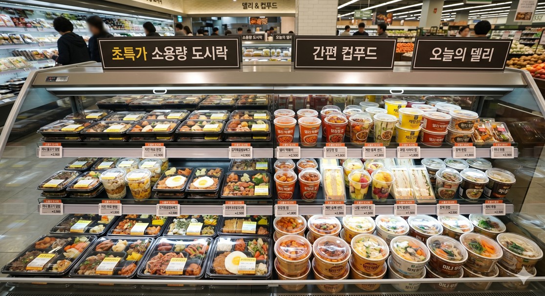 마트 델리 코너에 가득 차 있는 소용량 도시락과 컵푸드들