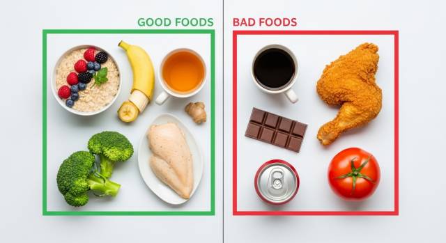 【IMG14 — 역류성 식도염 좋은 음식 vs 나쁜 음식 비교 플랫레이 이미지】