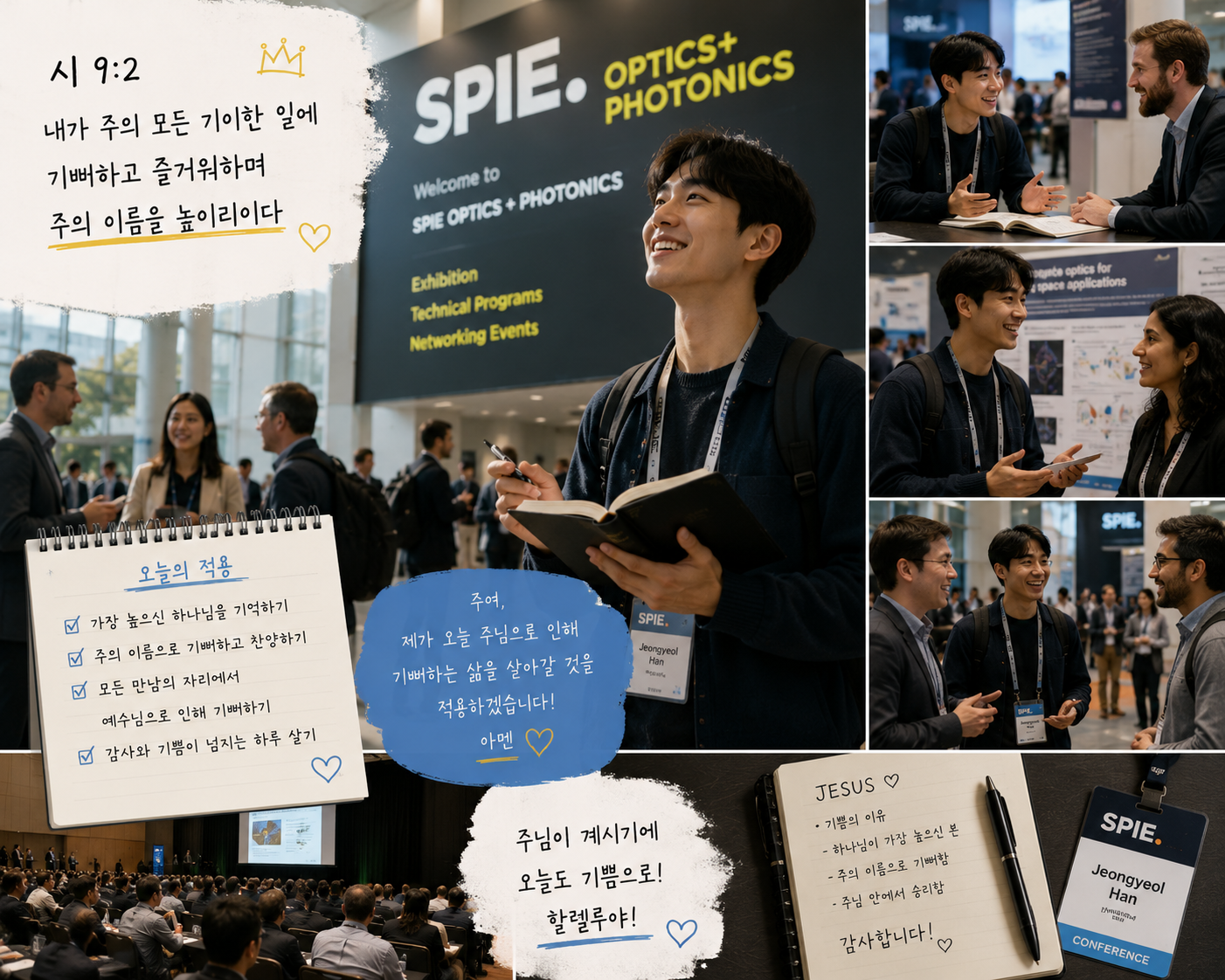 시 9:2 말씀에서 내가 기뻐해야 하는 이유는 가장 높으신 곳에 계신 하나님이 계시기 때문이며&amp;#44; 그 분의 이름으로 말미암아 기뻐하며 찬양하는 삶을 살아가야 하겠습니다. 주여&amp;#44; 제가 오늘 주님으로 인해 기뻐하는 삶을 살아갈 것을 적용하겠습니다. 가급적 오늘 SPIE 국제학술대회에 참여하면서 모든 만남의 자리에서 주님으로 인해 기뻐하려는 시도를 하는 모습입니다.