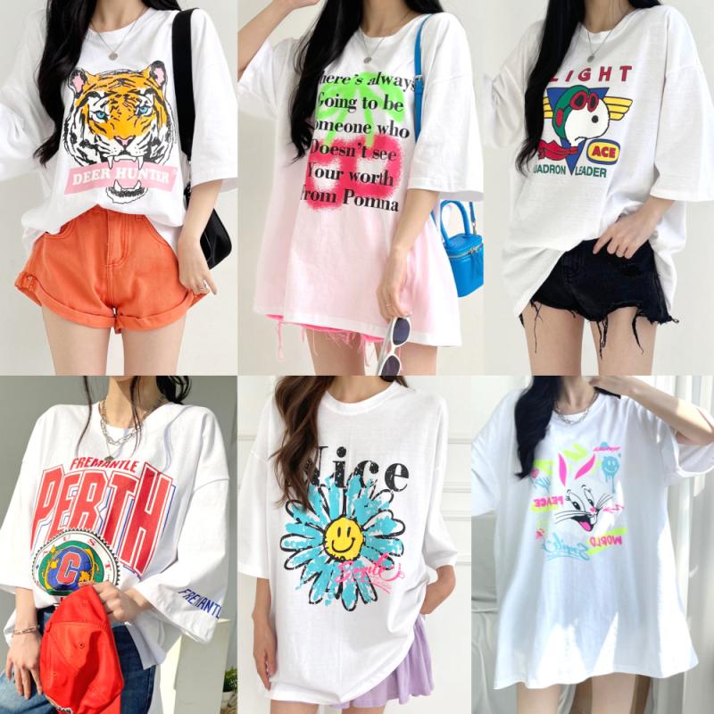 5+1 여성 반팔티 빅사이즈 오버핏 레터링 프린팅 롱 티셔츠 박스티