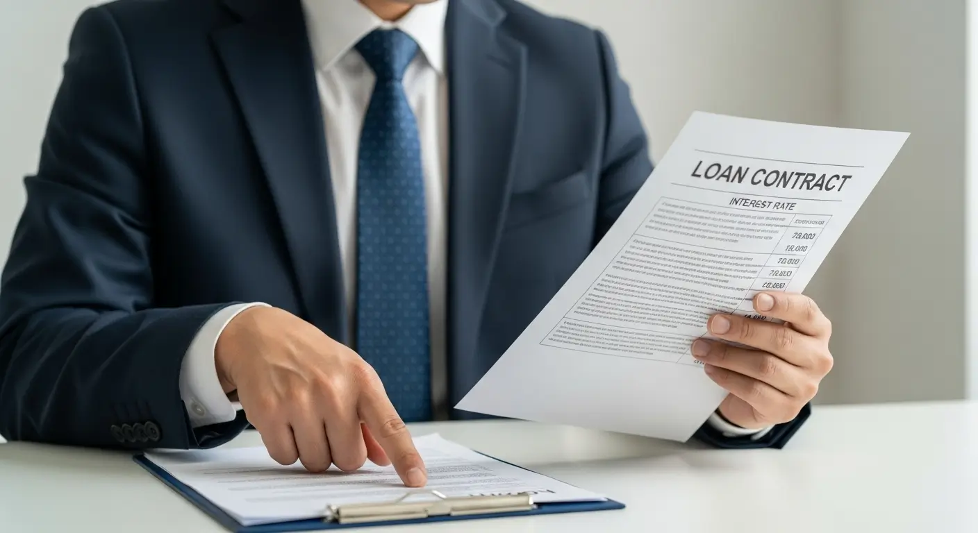 한 한국인 사용자가 대출 계약서의 '연 20%'라는 높은 금리 부분을 신중하게 확인하며 서명하는 모습